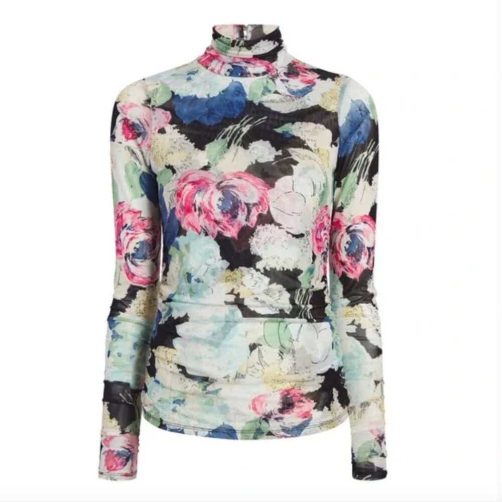 Cinq a Sept Wildwood Flower Mesh Long Sleeve Turtleneck Shirred Size S